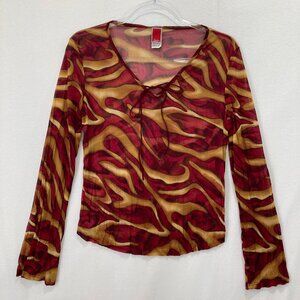 Vintage Dmbm Y2K Grunge Mesh Blouse Medium Red Swirl Abstract Tie Neck Fairycore